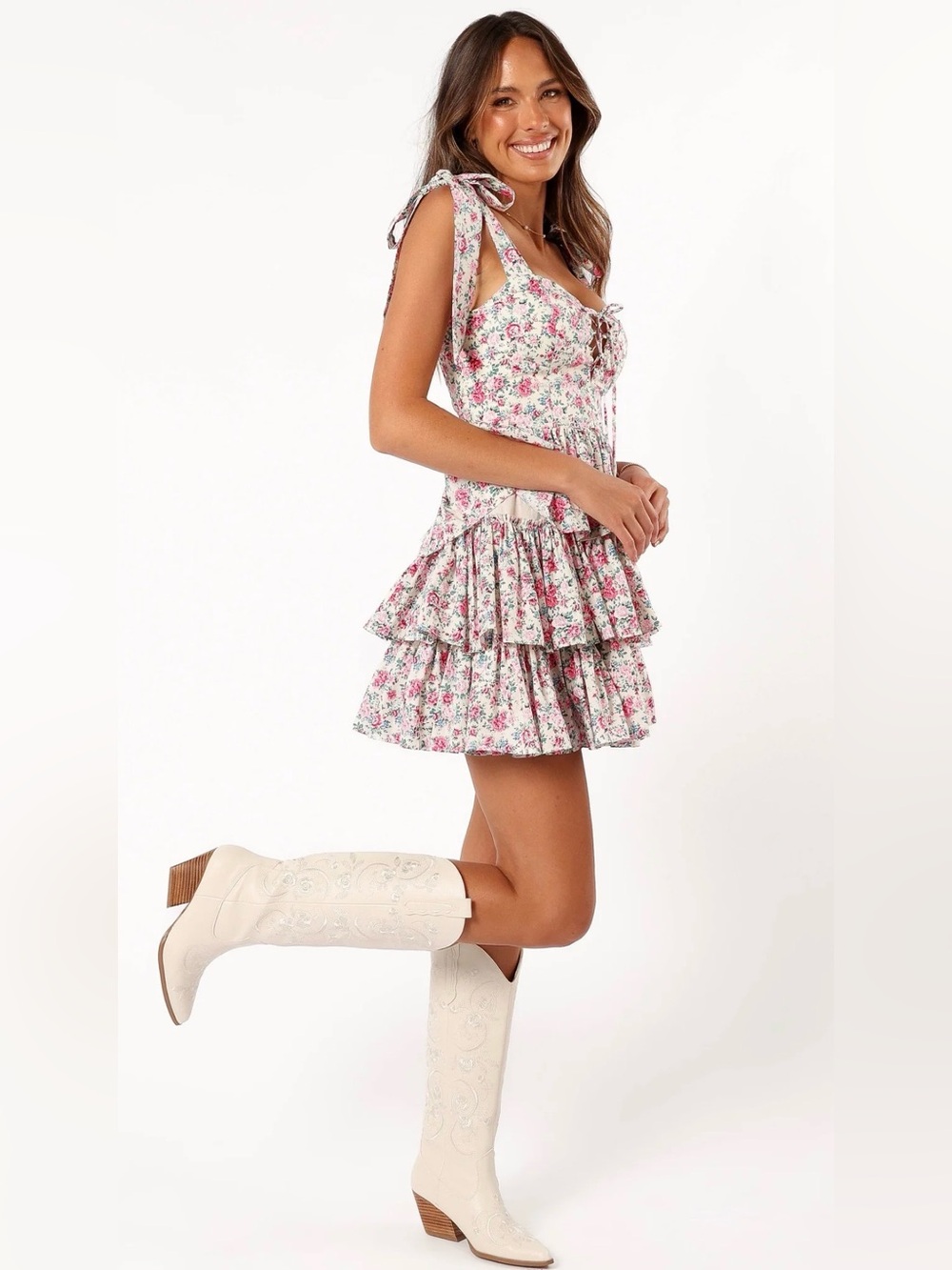 MABLE Pink and Cream Floral Mini Dress with Tie Shoulders Cotton